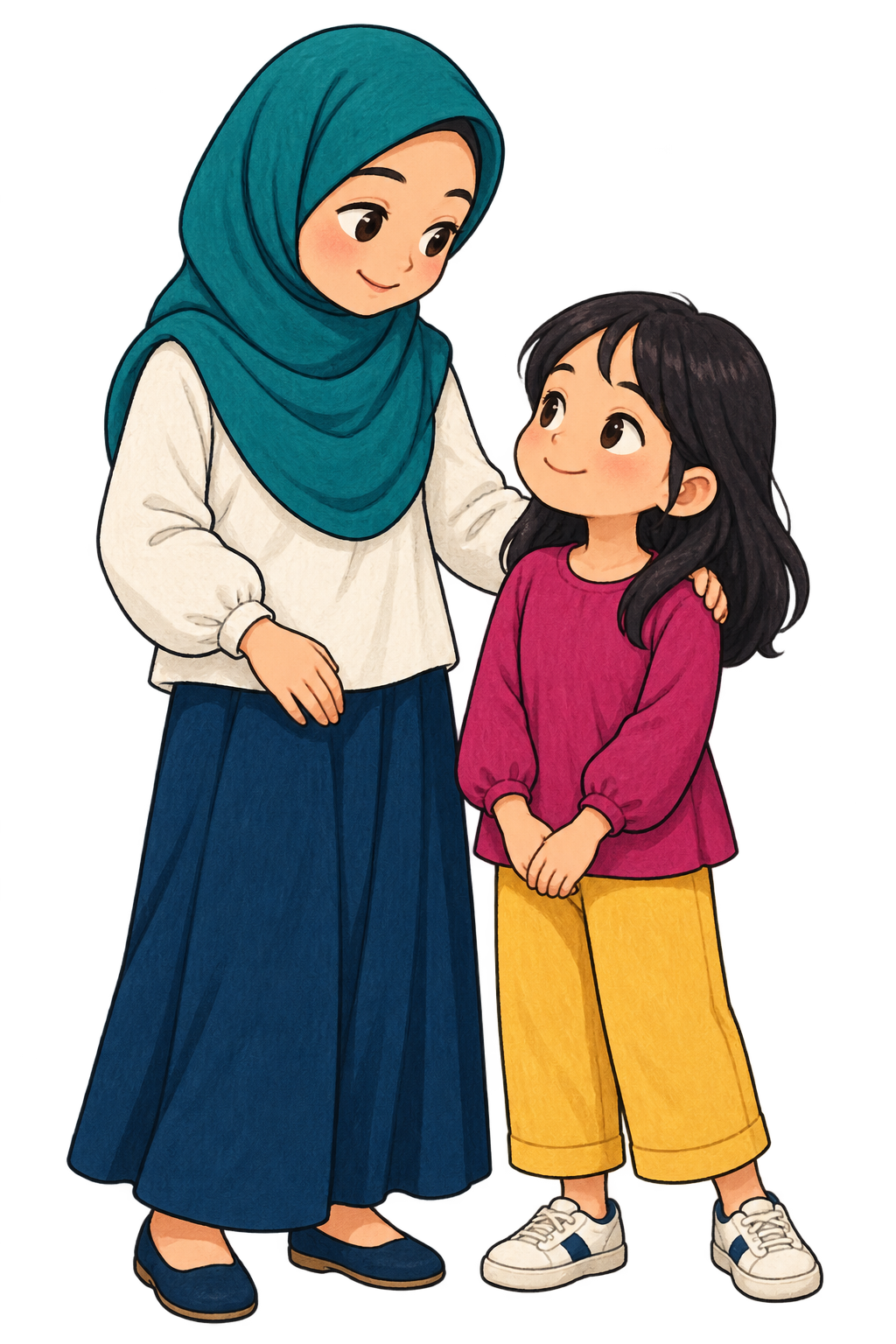 Ilustrasi perempuan dan anak yang saling mendampingi